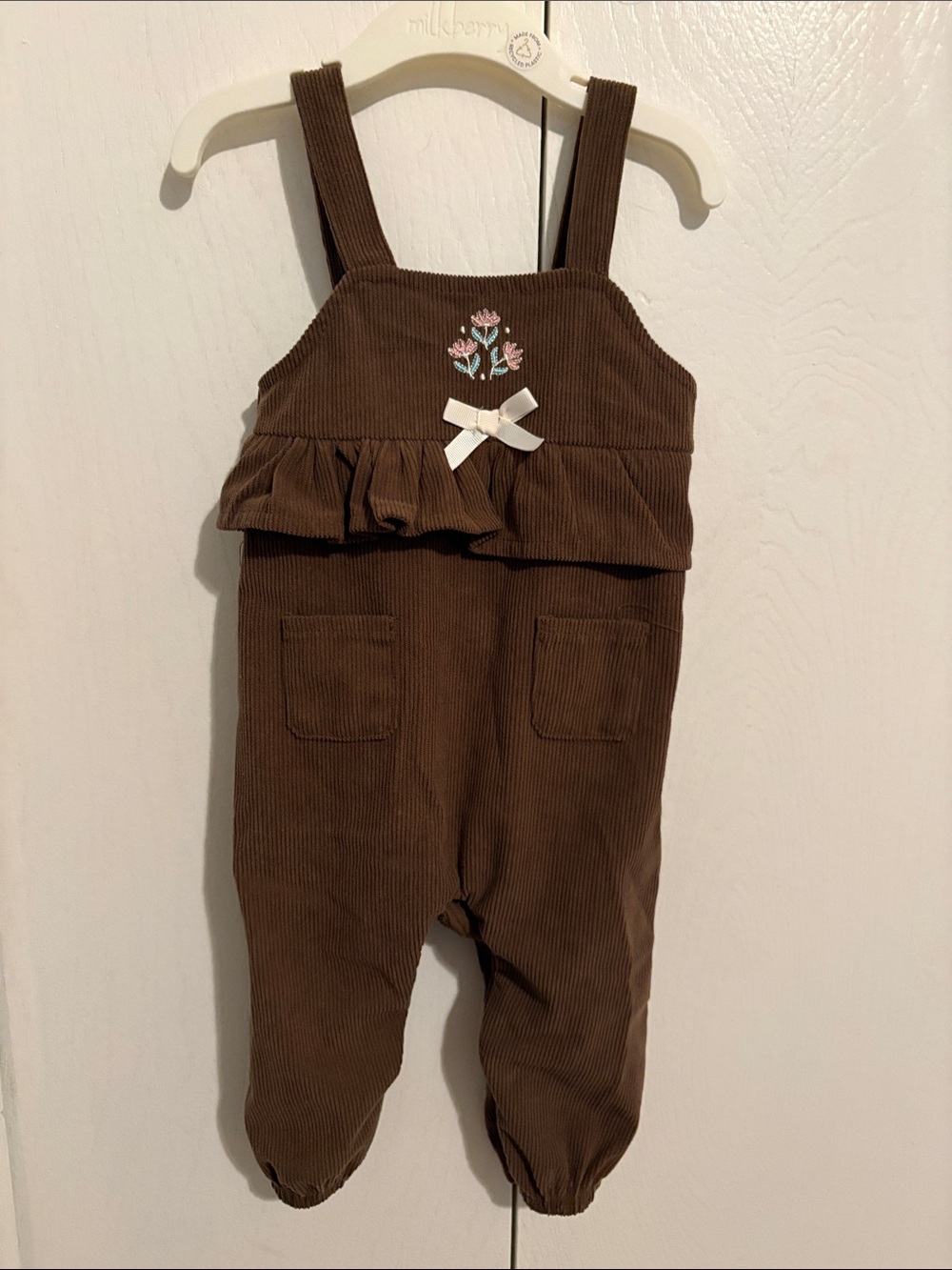 Baby Starters Brown Corduroy Ruffle Strap Overalls with Embroidered Flowers